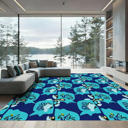 Abstract Blue Floral Branch Arrangement Rug