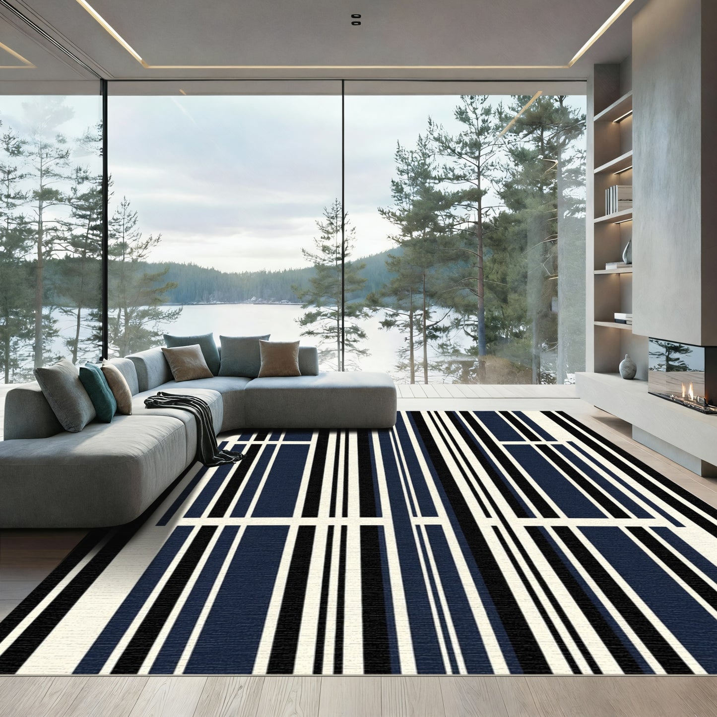Modern Navy Black Strialike Stripes Rug