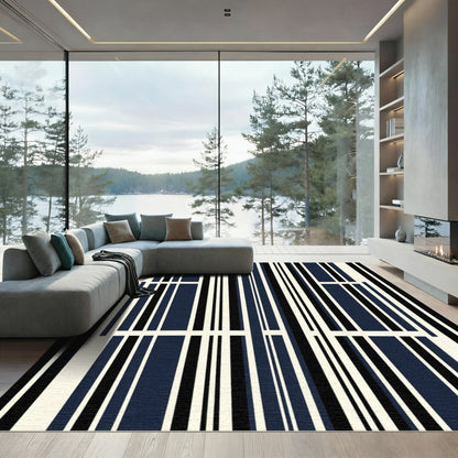 Modern Navy Black Strialike Stripes Rug