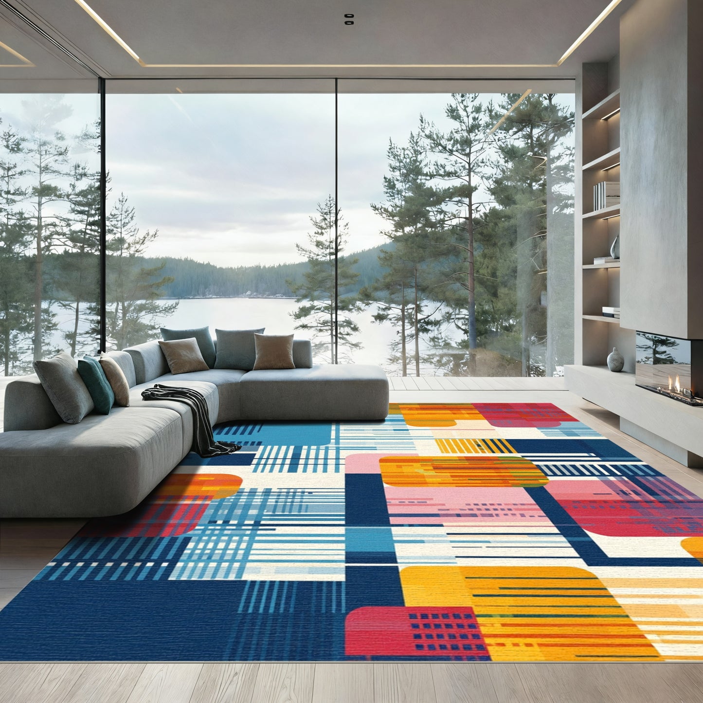 Modern Abstract Geometric Blue Orange Rug