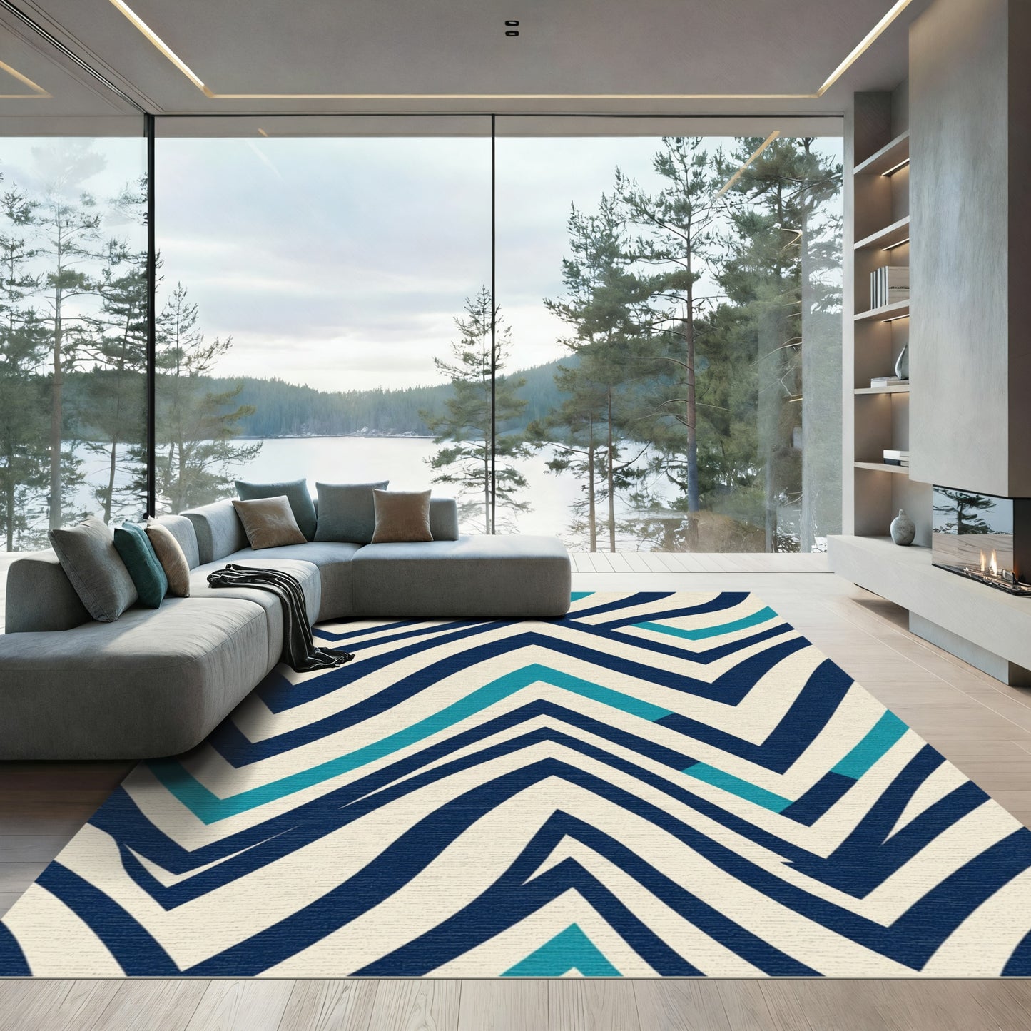 Navy Teal Cream Chevron Zigzag Rug