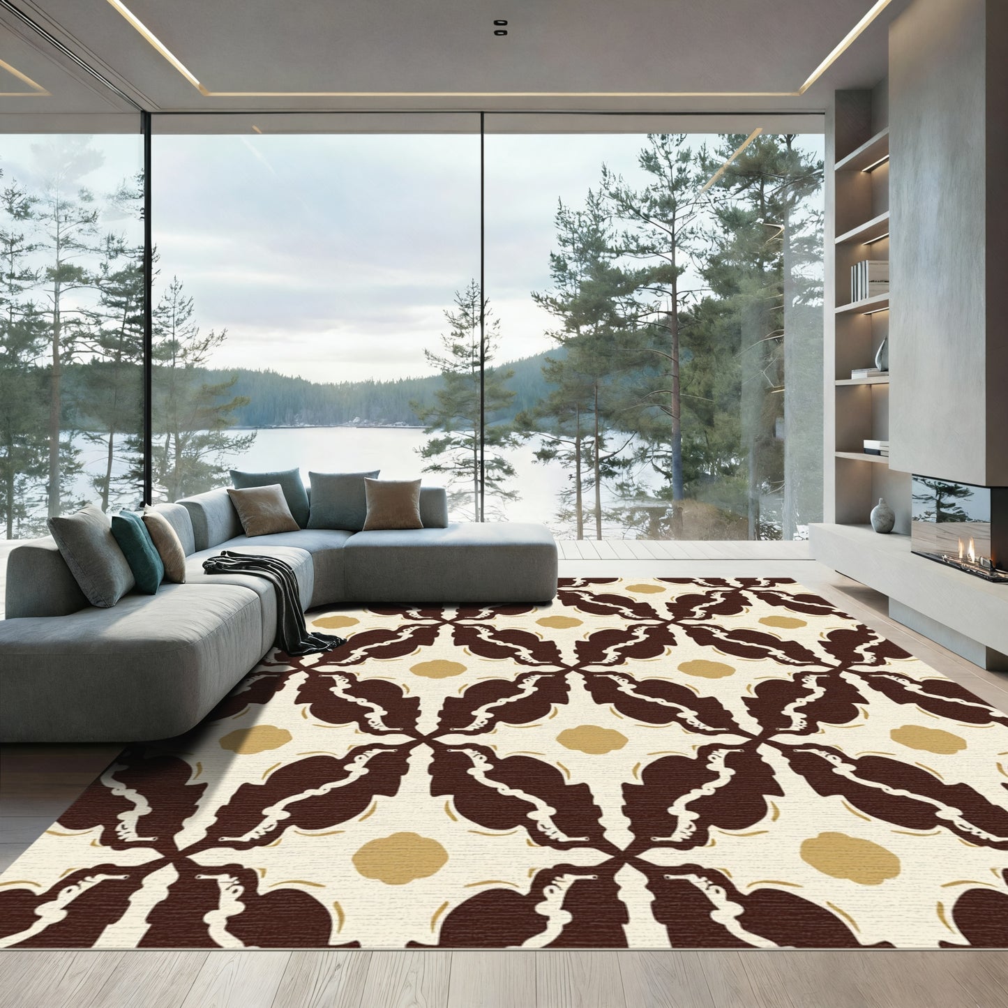 Brown Cream Quatrefoil Floral Accents Rug
