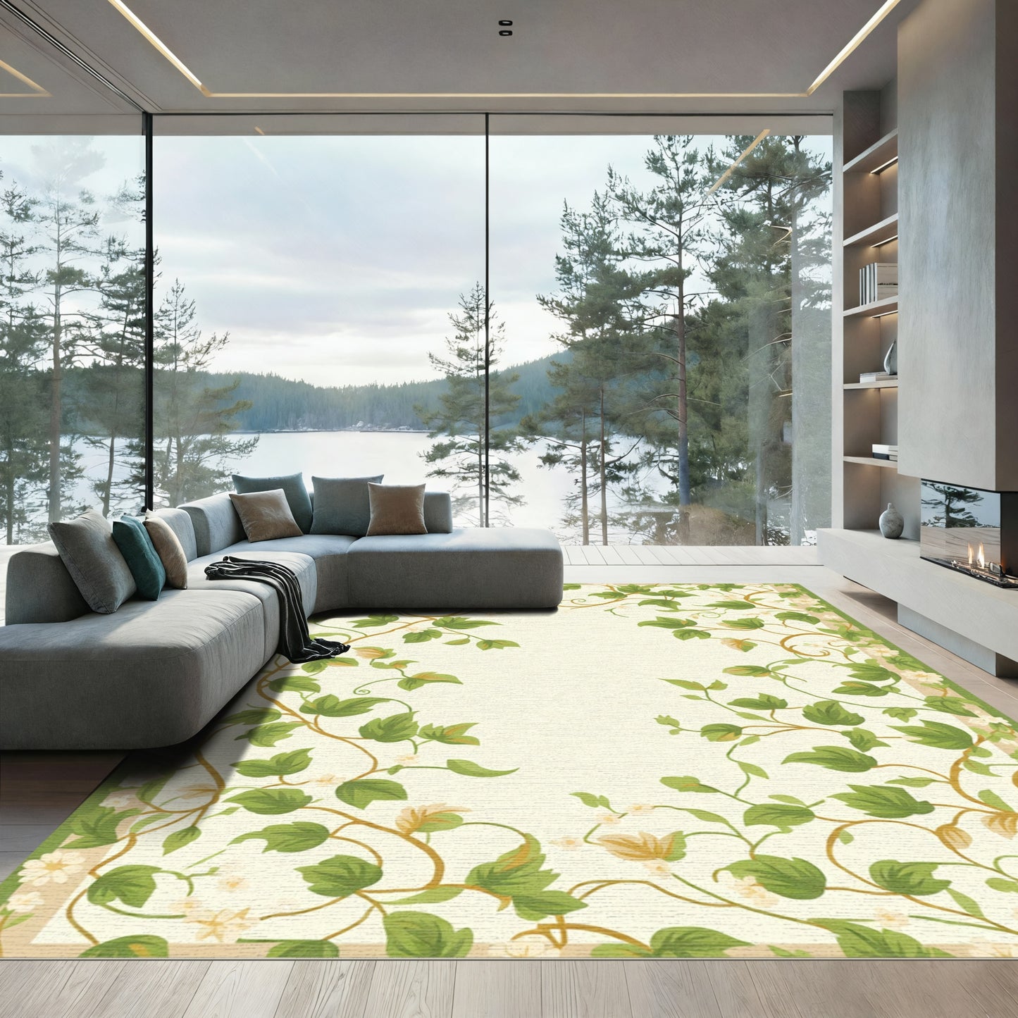 Vines And White Blossoms Border Rug