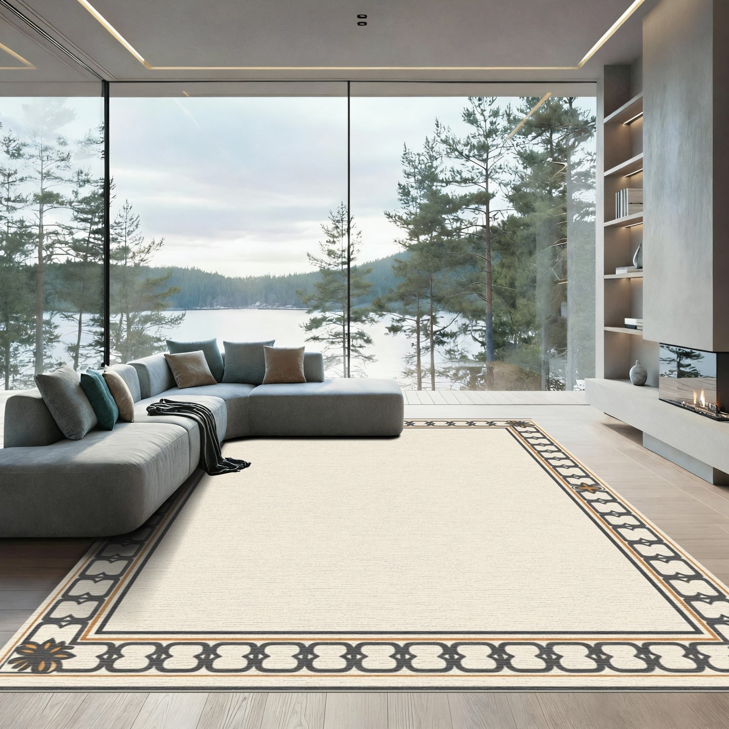 Cream and Charcoal Geometric Border Rug