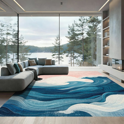 Abstract Pink Sun Blue Waves Rug