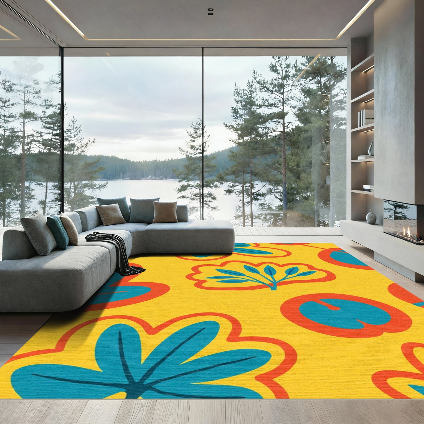 Whimsical Yellow Blue Floral Garden Rug