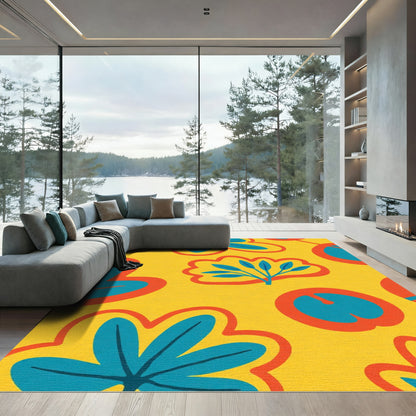 Whimsical Yellow Blue Floral Garden Rug