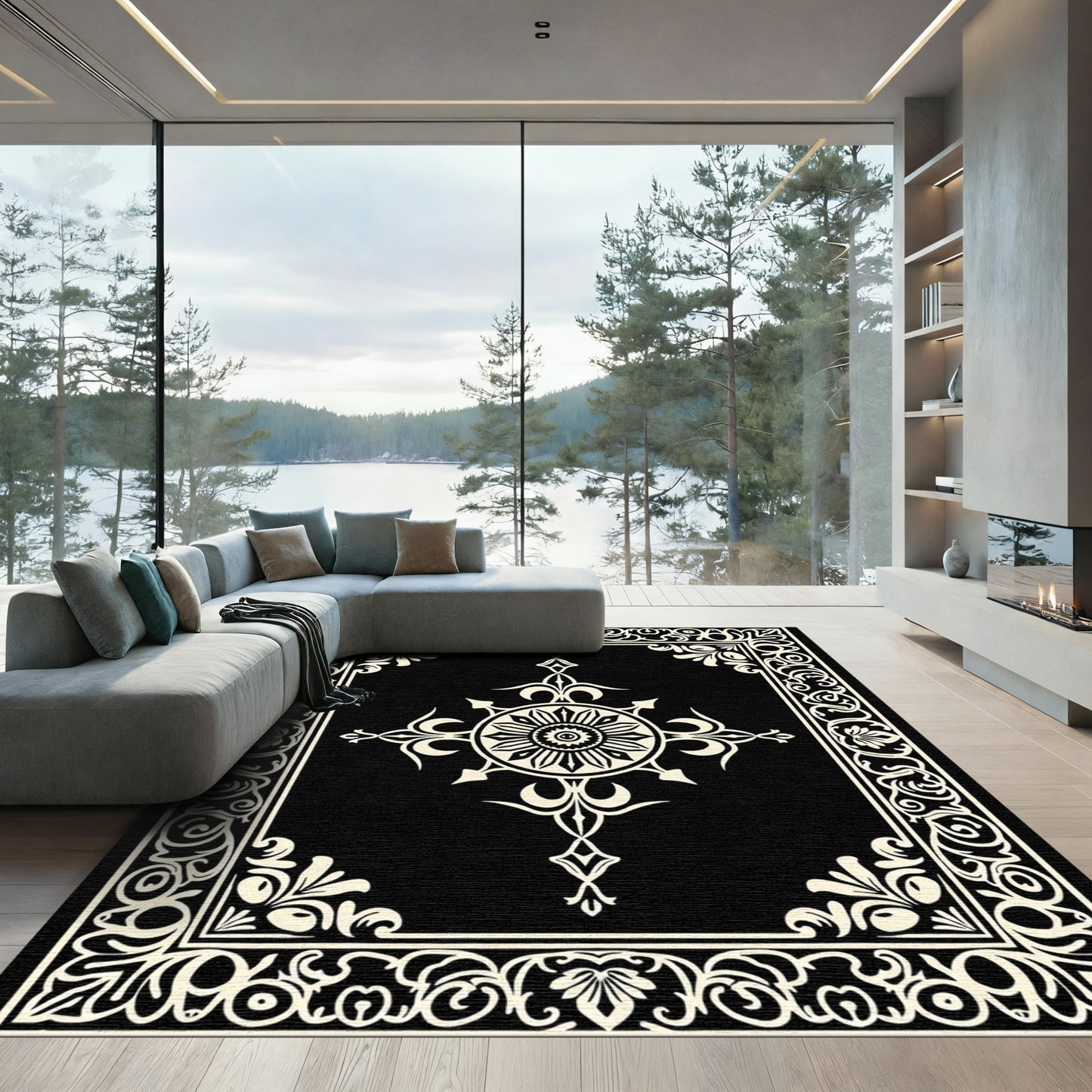 Black Cream Floral Medallion Frame Rug