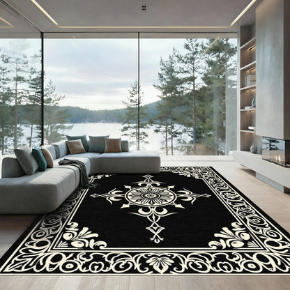 Black Cream Floral Medallion Frame Rug
