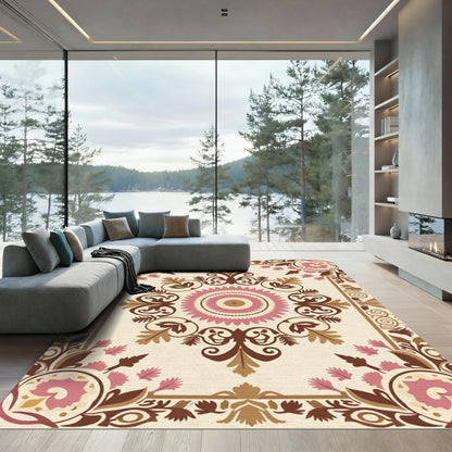 Tan Pink Floral Medallion Garden Rug