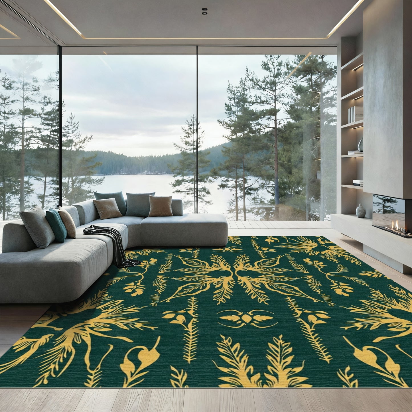 Gold Floral Damask on Emerald Ground Rug