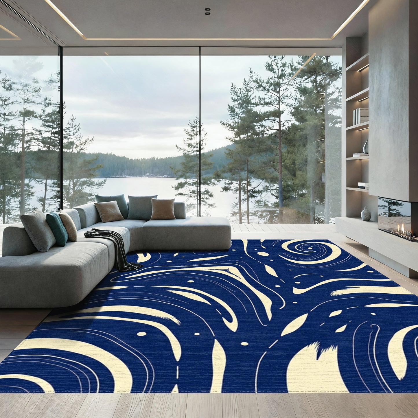 Navy Swirling Cream Waves Rug