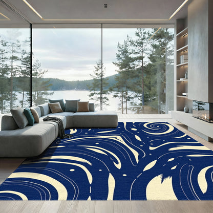 Navy Swirling Cream Waves Rug