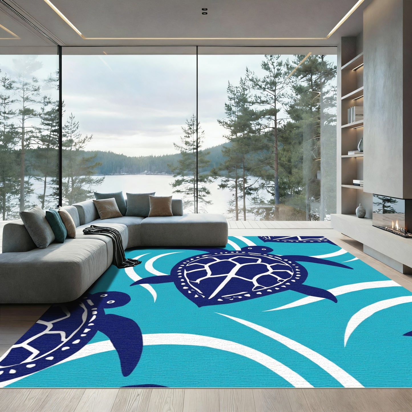 Blue Sea Turtle Ocean Waves Rug