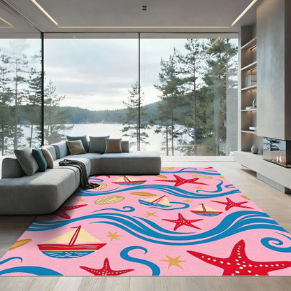 Pink Nautical Sailboat Starfish Wave Rug