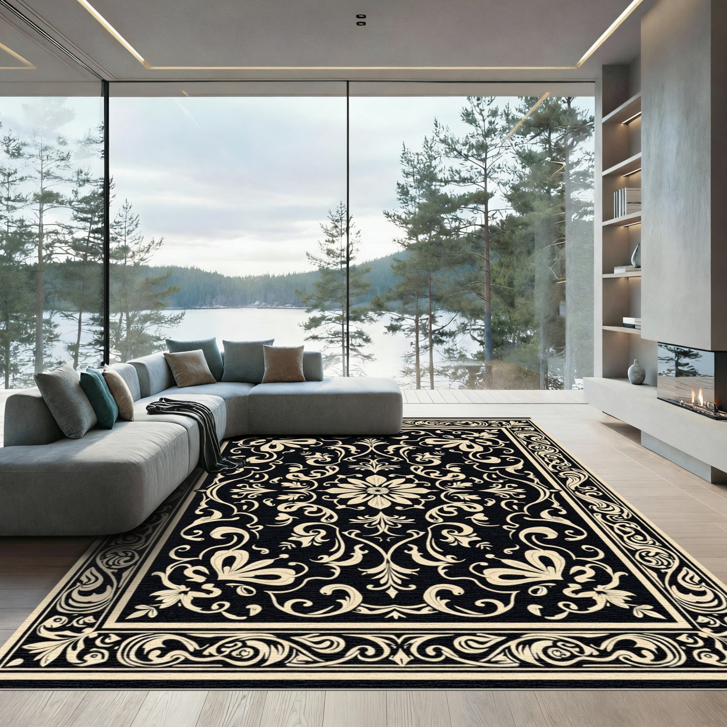 Black Ivory Floral Medallion Scroll Rug