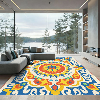 Vibrant Blue Red Yellow Sunburst Mandala Rug