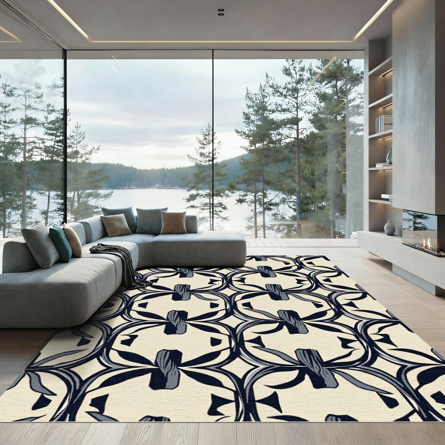 Cream Navy Art Nouveau Botanical Rug