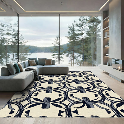 Cream Navy Art Nouveau Botanical Rug