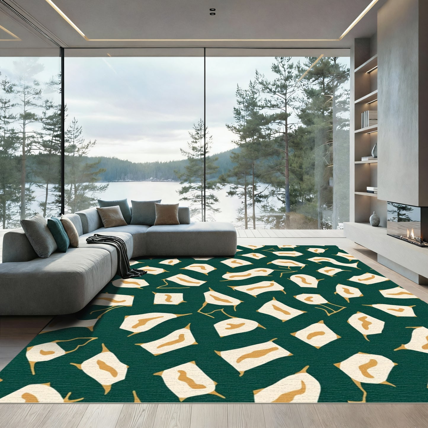 Organic Cream Shapes Teal Background Rug