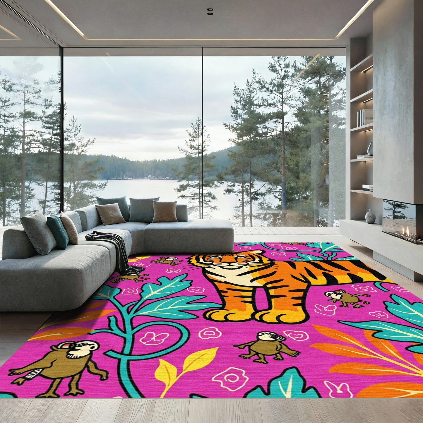 Vibrant Pink Tiger Jungle Monkey Rug