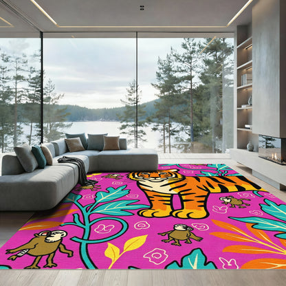 Vibrant Pink Tiger Jungle Monkey Rug