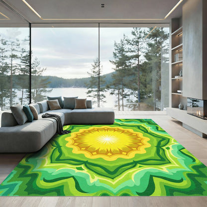Radiant Yellow Green Sunburst Mandala Rug