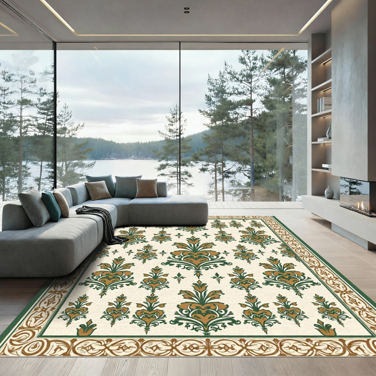 Ornamental Dark Green Golden Floral Rug