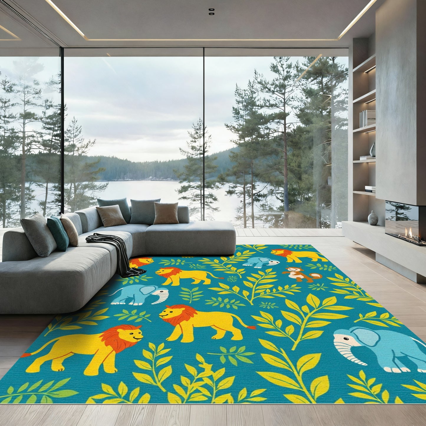 Whimsical Jungle Animals Teal Leaf Rug