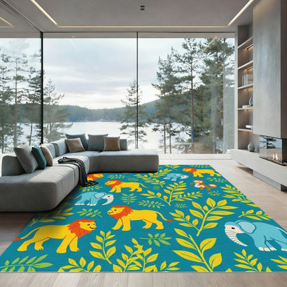 Whimsical Jungle Animals Teal Leaf Rug