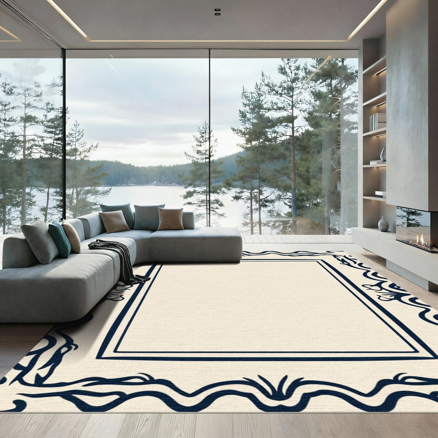 Navy Cream Ornate Scroll Border Rug