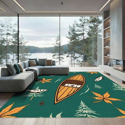 Woodland Canoe Fish Autumn Maple Leaves Rug
