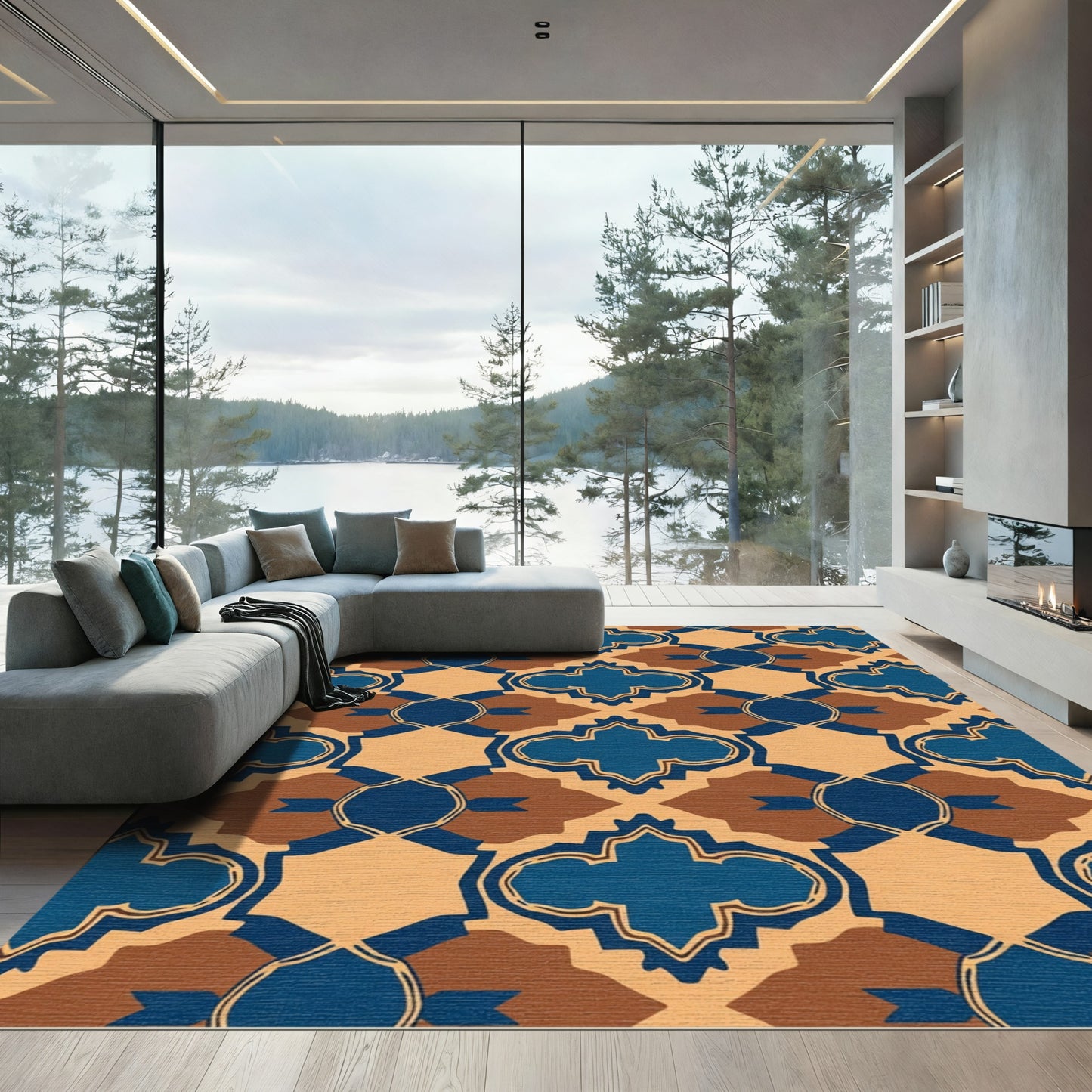 Deep Blue Ochre Quatrafoil Lattice Rug