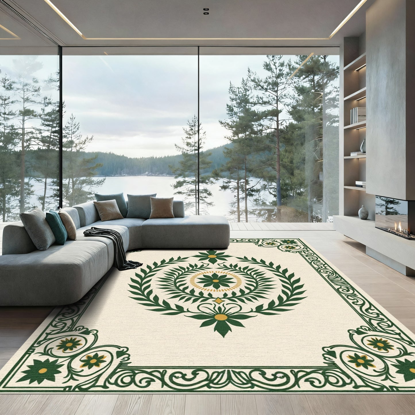 Green Gold Botanical Medallion Frame Rug