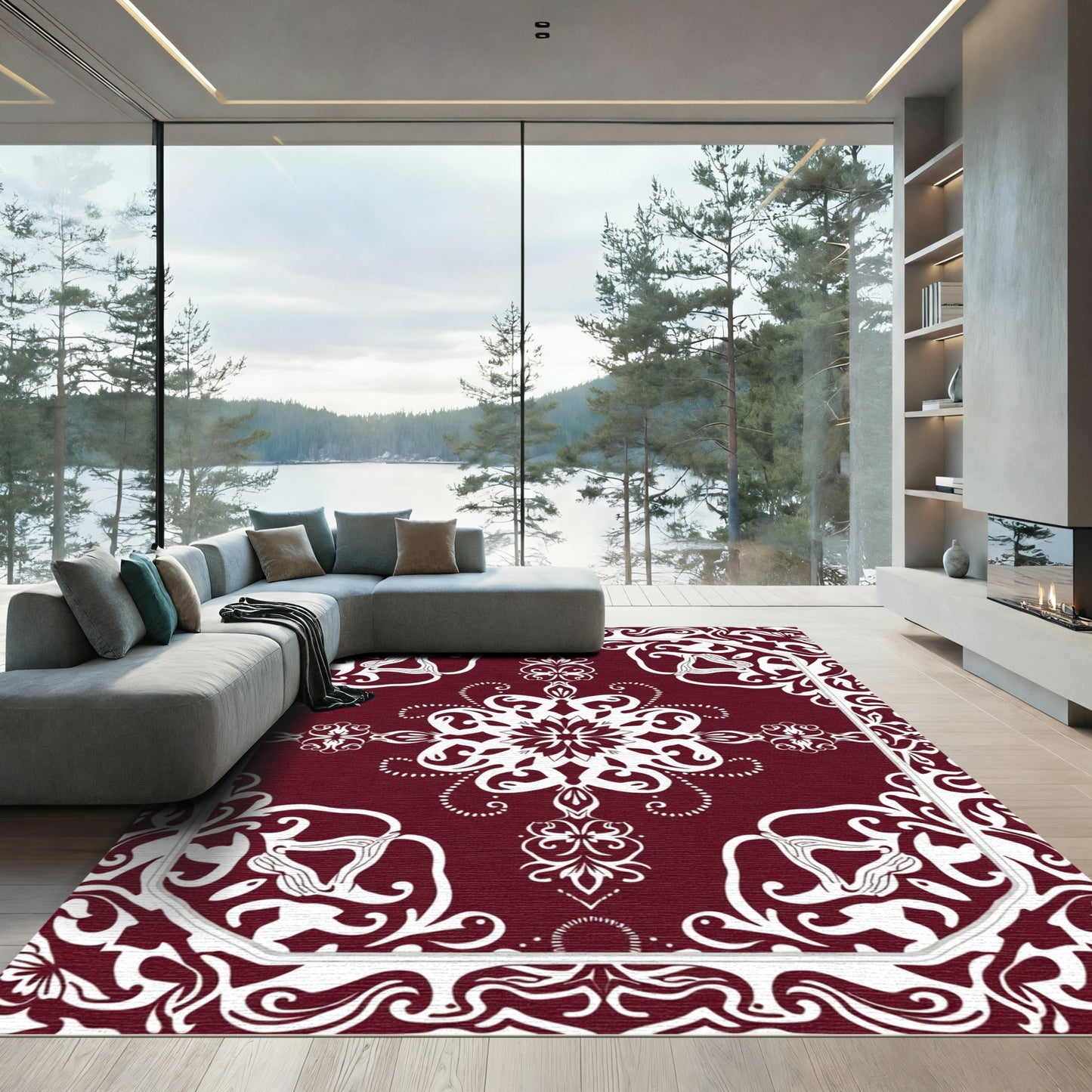 Deep Red White Floral Medallion Border Rug