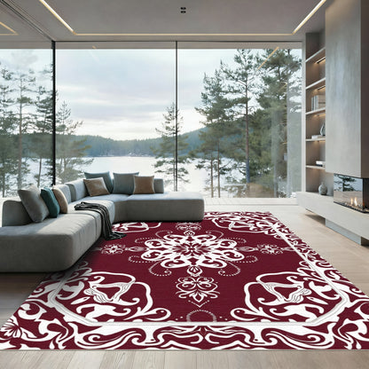 Deep Red White Floral Medallion Border Rug