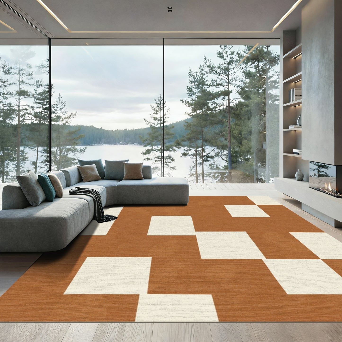 Terracotta Checkerbrush Abstract Squares Rug