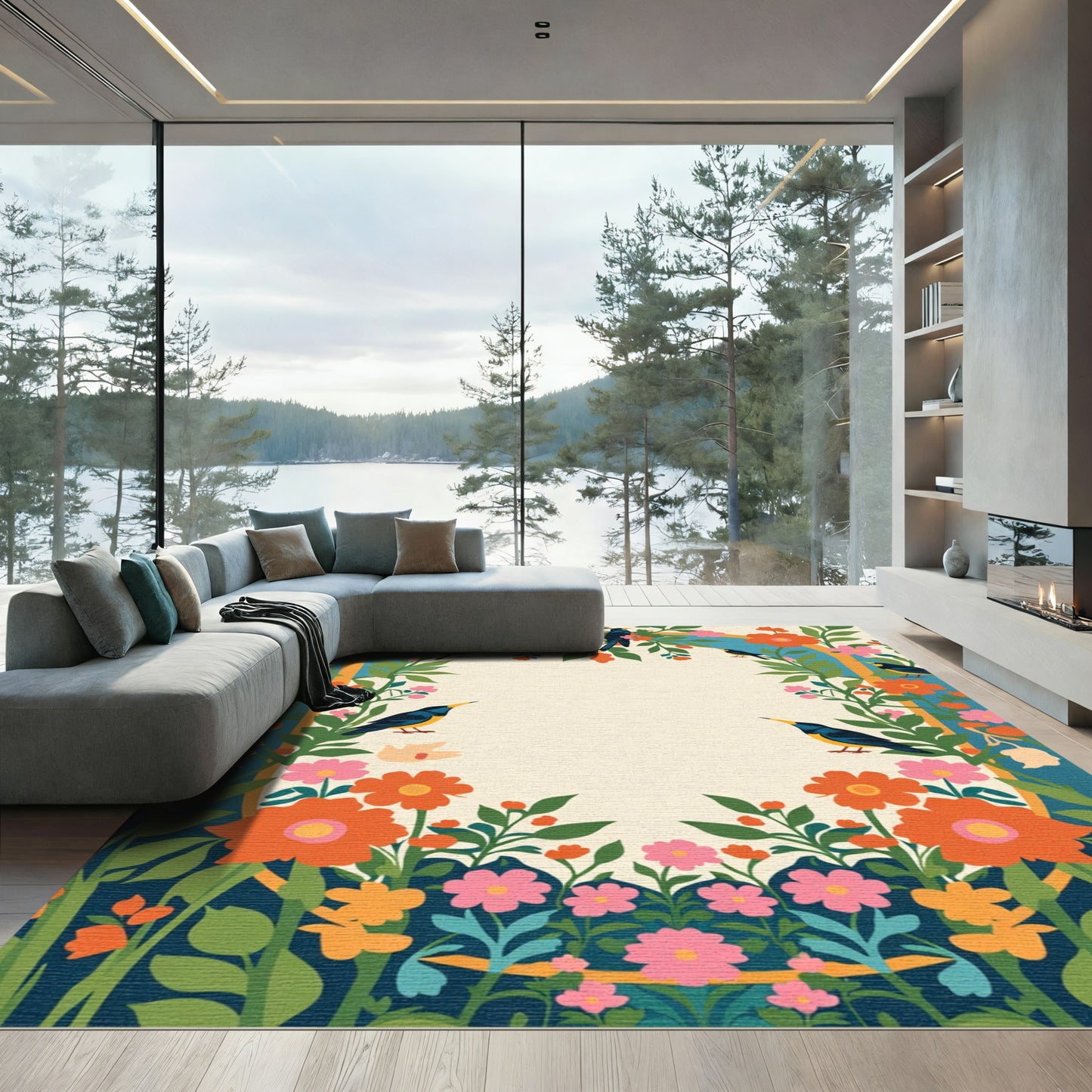 Orange Blue Floral Birds Arch Rug
