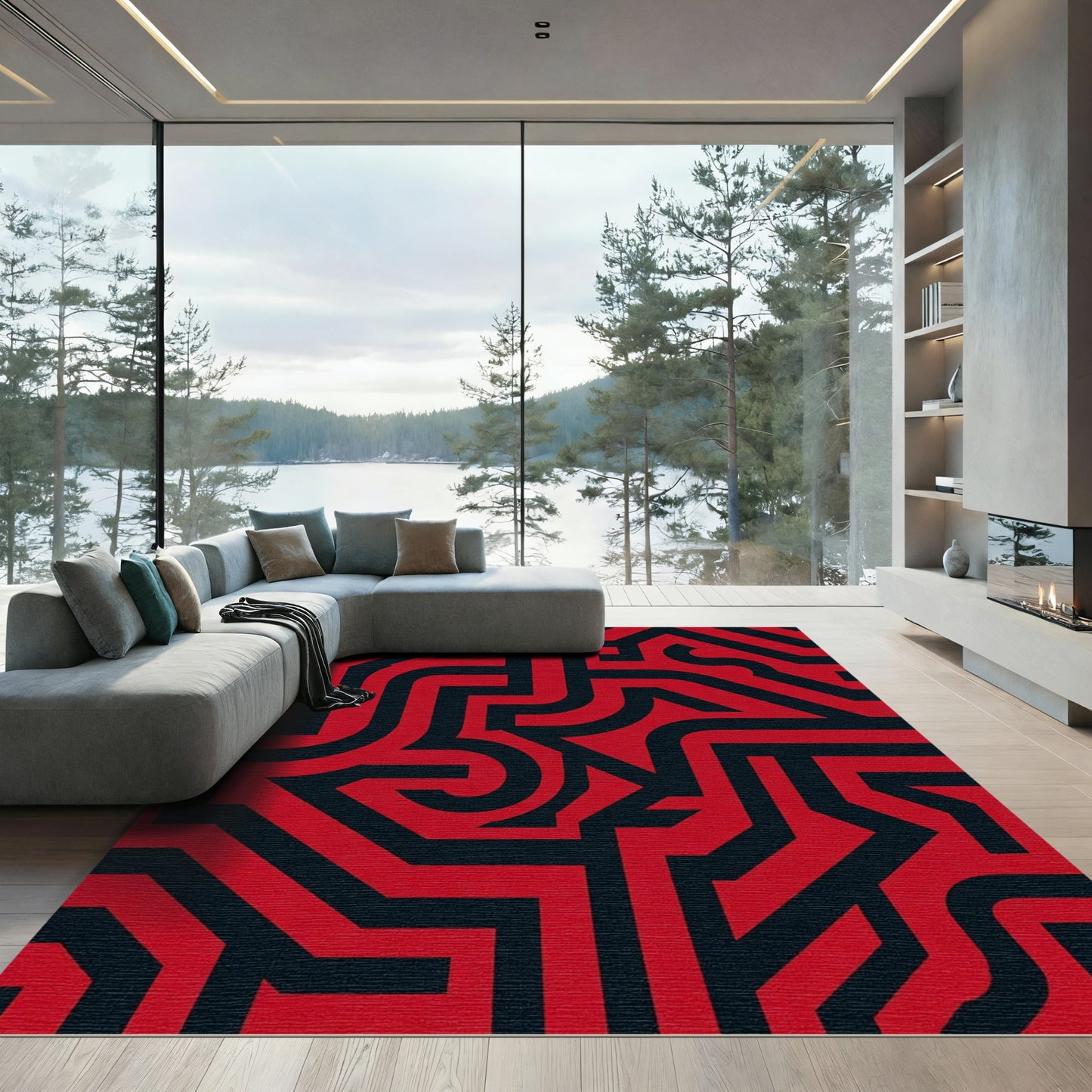Bold Red Maze Geometric Rug