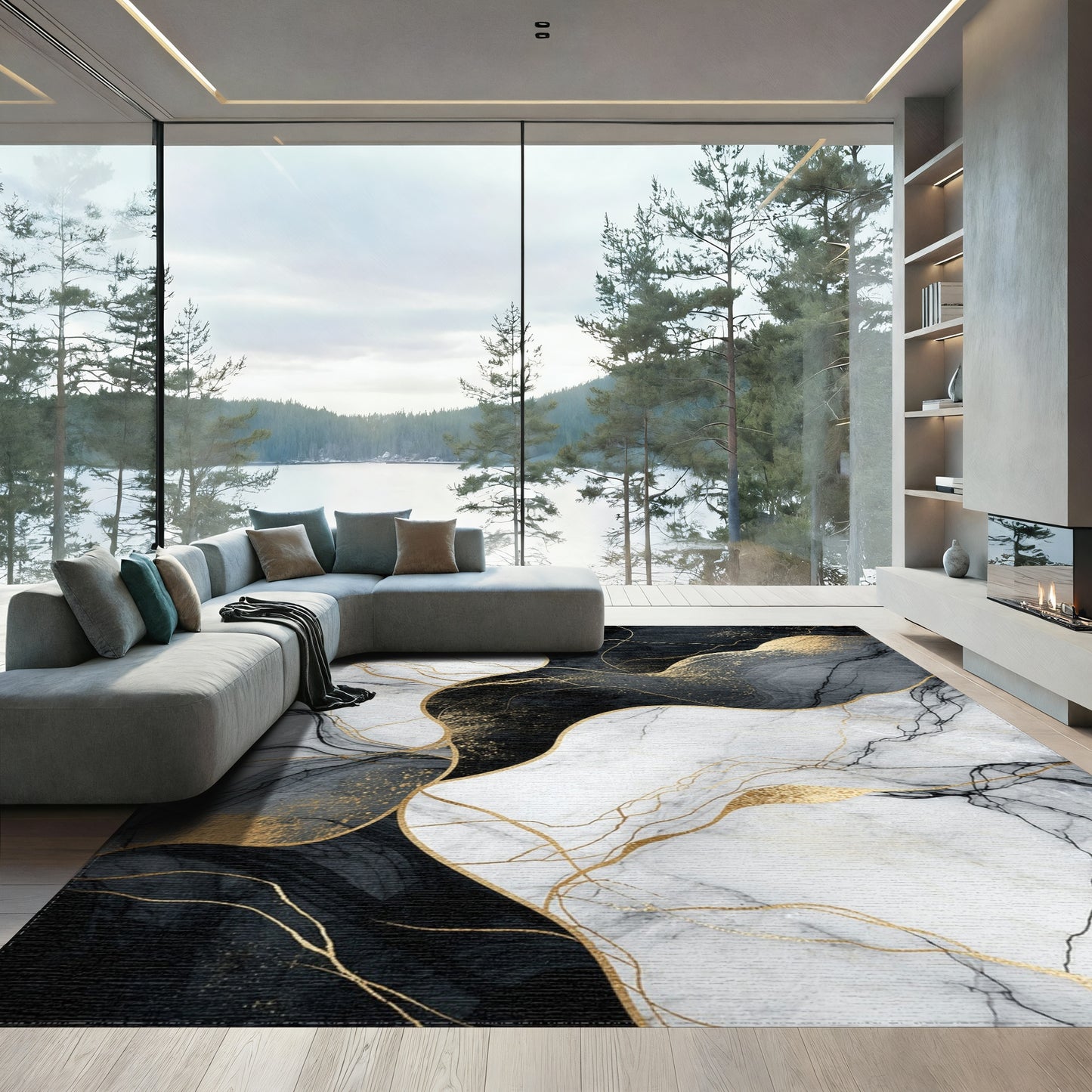 Black Gold Veined Marble Rug