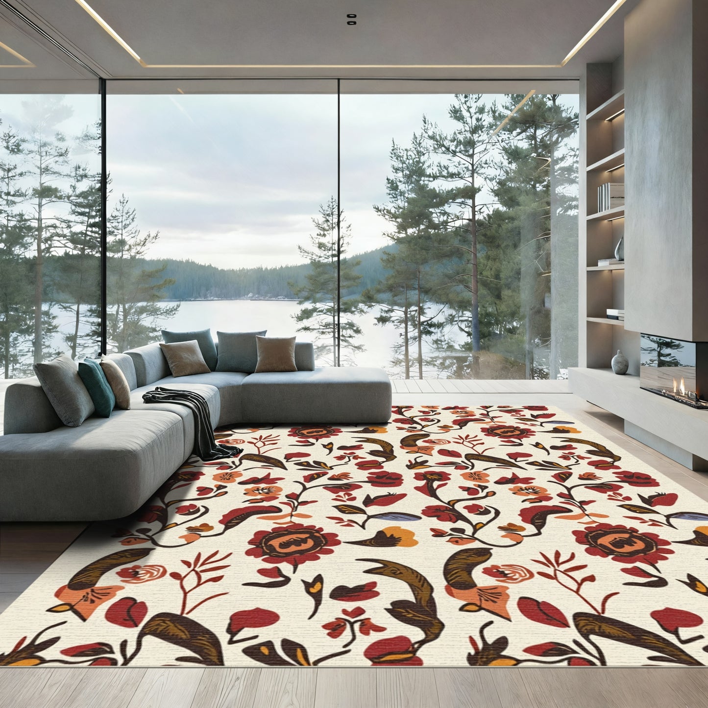 Terracotta Red Floral Vine Botanical Rug