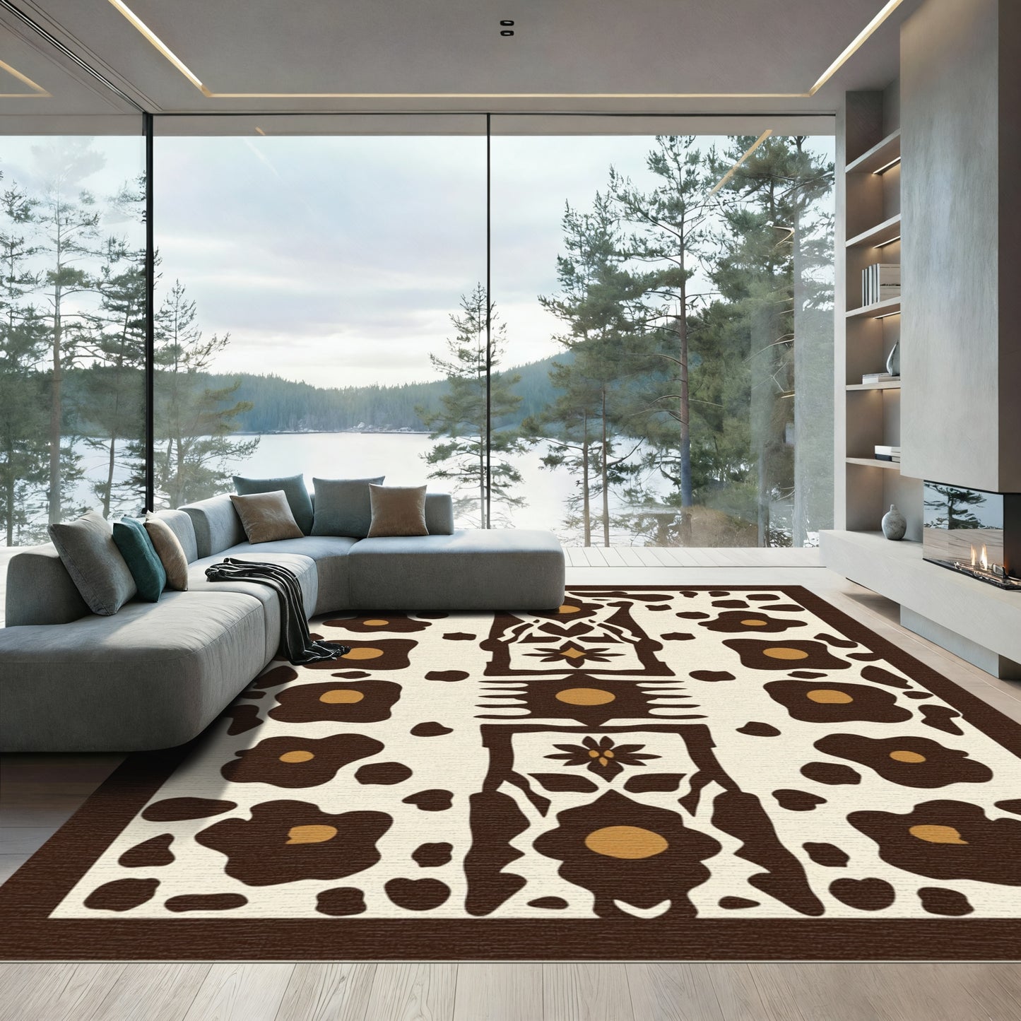 Brown Abstract Floral Medallion Rug