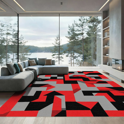 Bold Red Black Geometric Abstract Rug