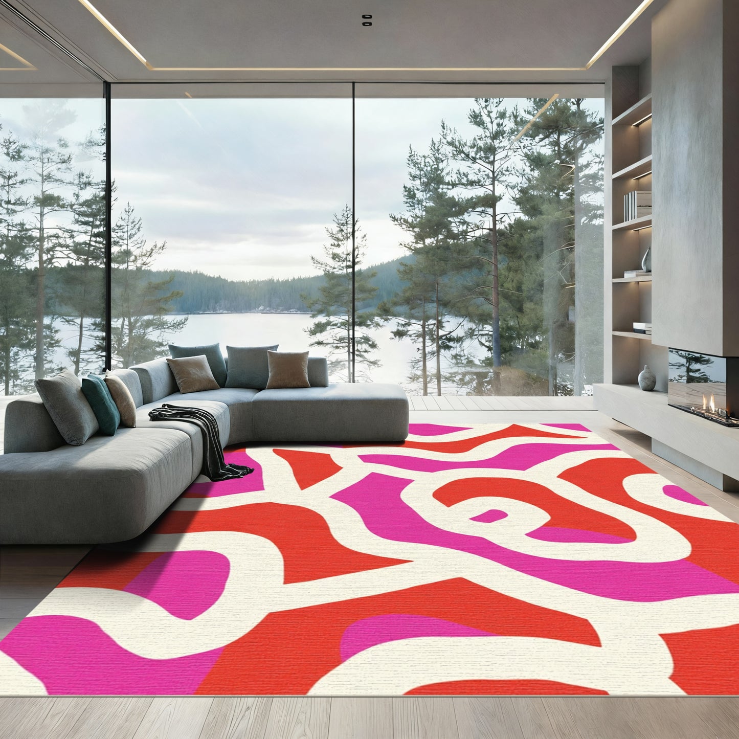 Bold Abstract Swirls Red Pink Rug