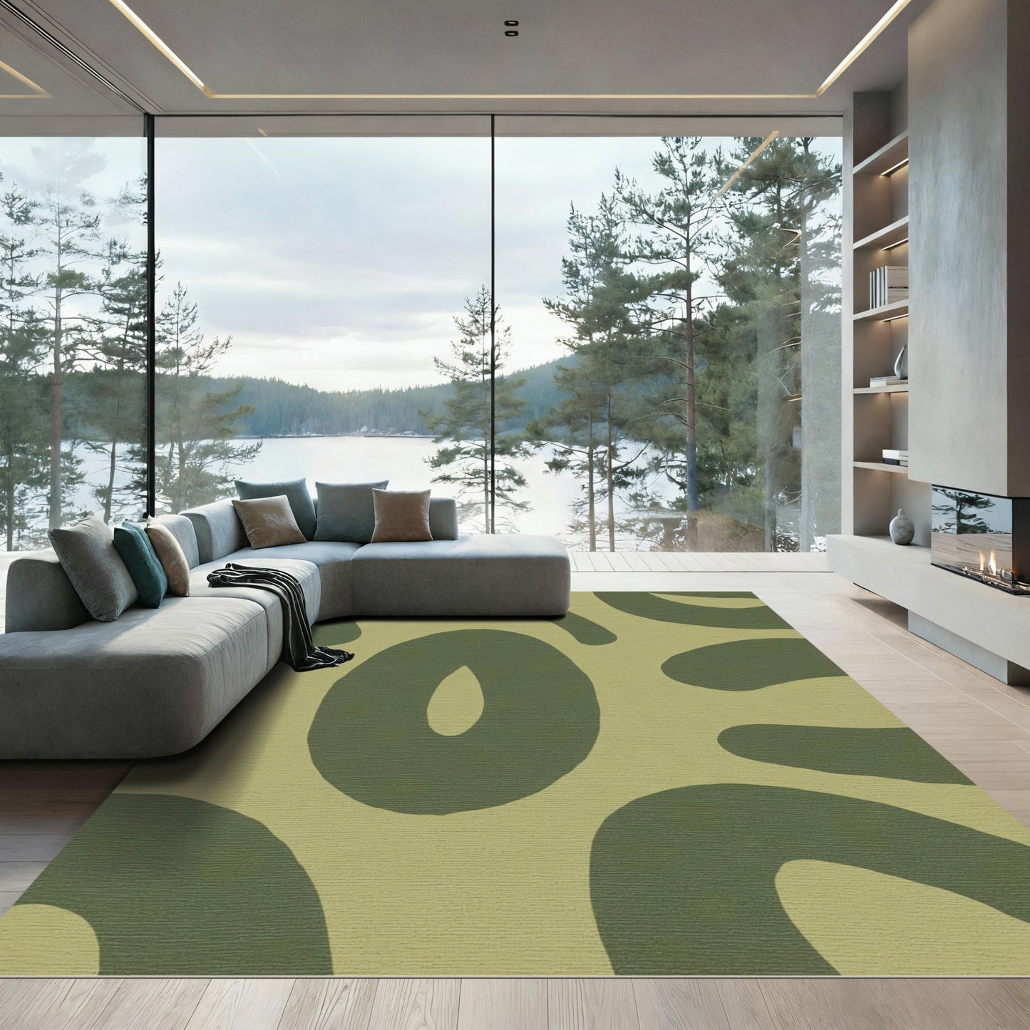 Olive Abstract Organic Smooth Curves Rug