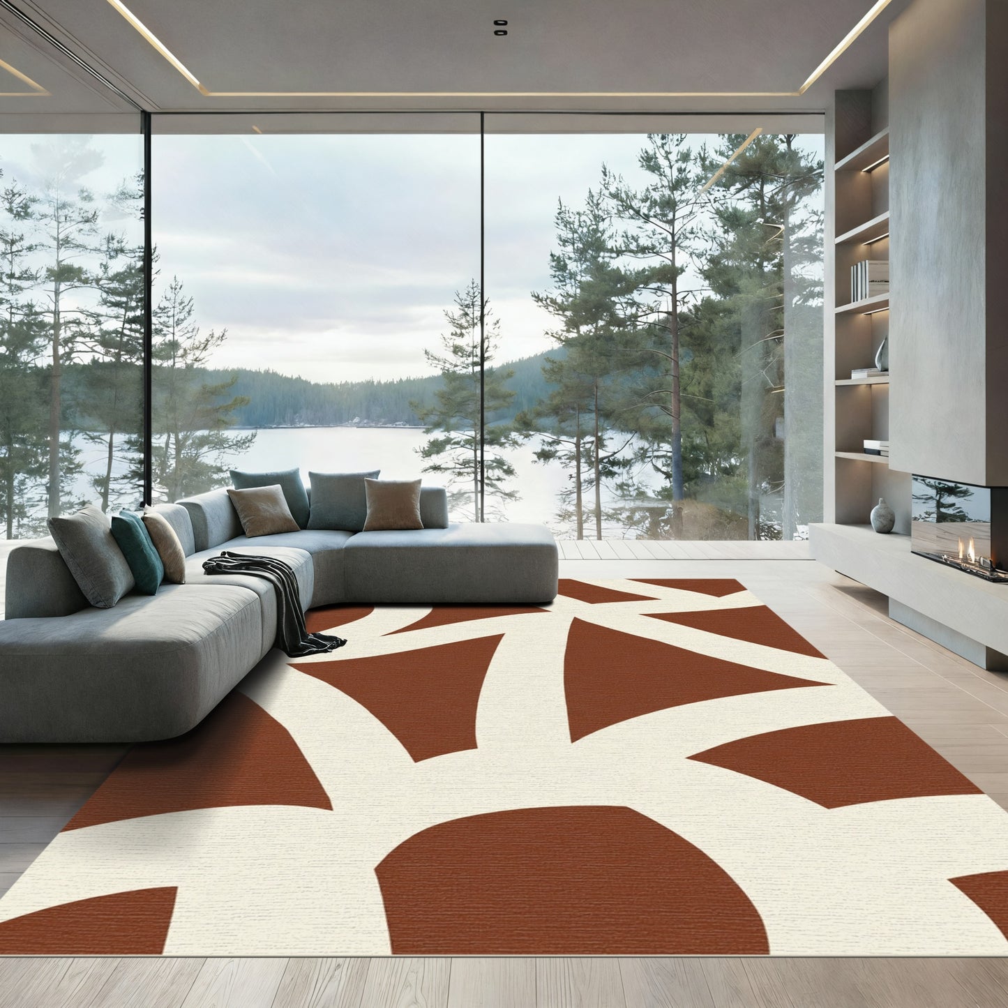 Modern Terracotta Curve Interlocking Rug