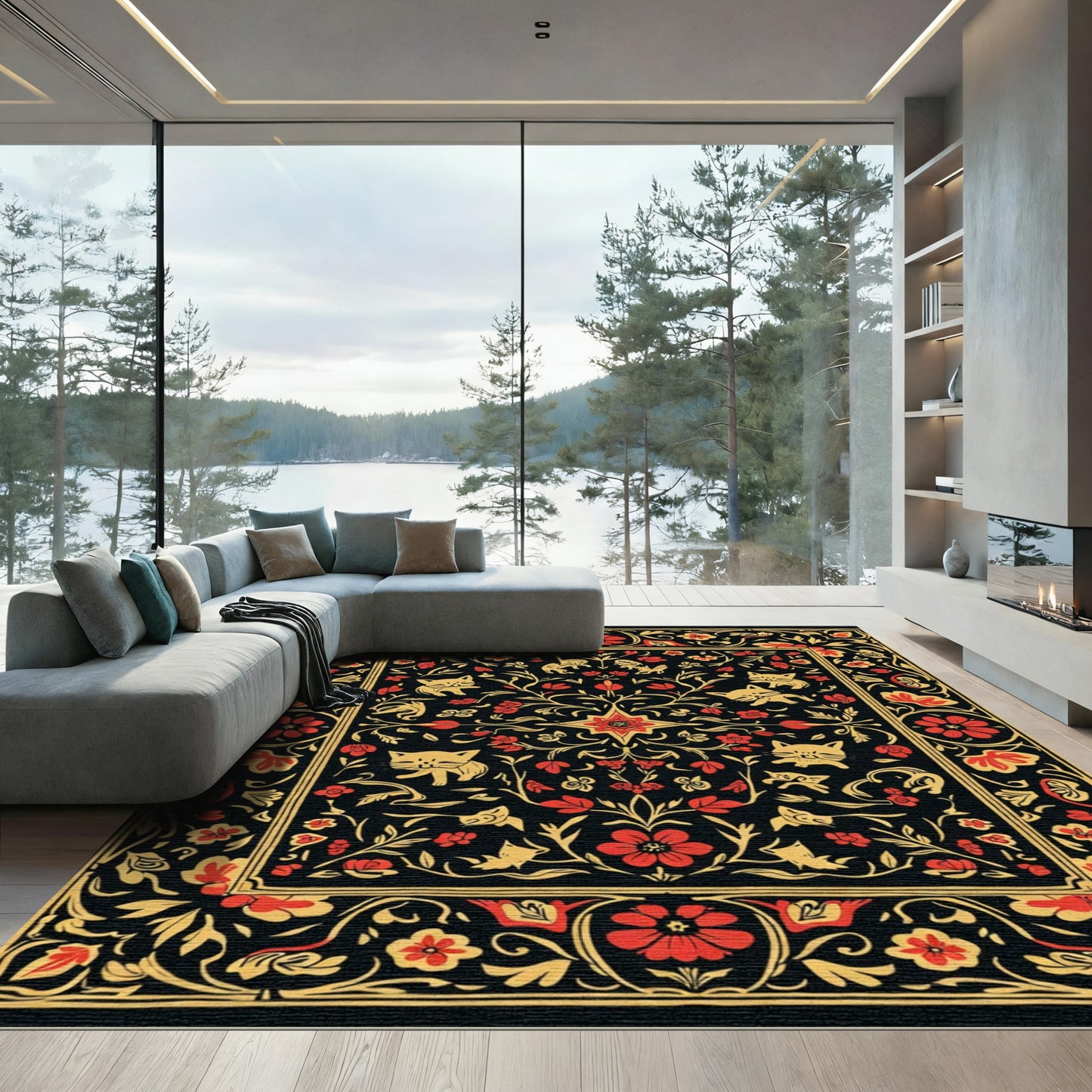 Black Red Yellow Feline Floral Border Rug