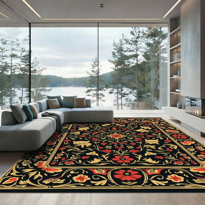 Black Red Yellow Feline Floral Border Rug