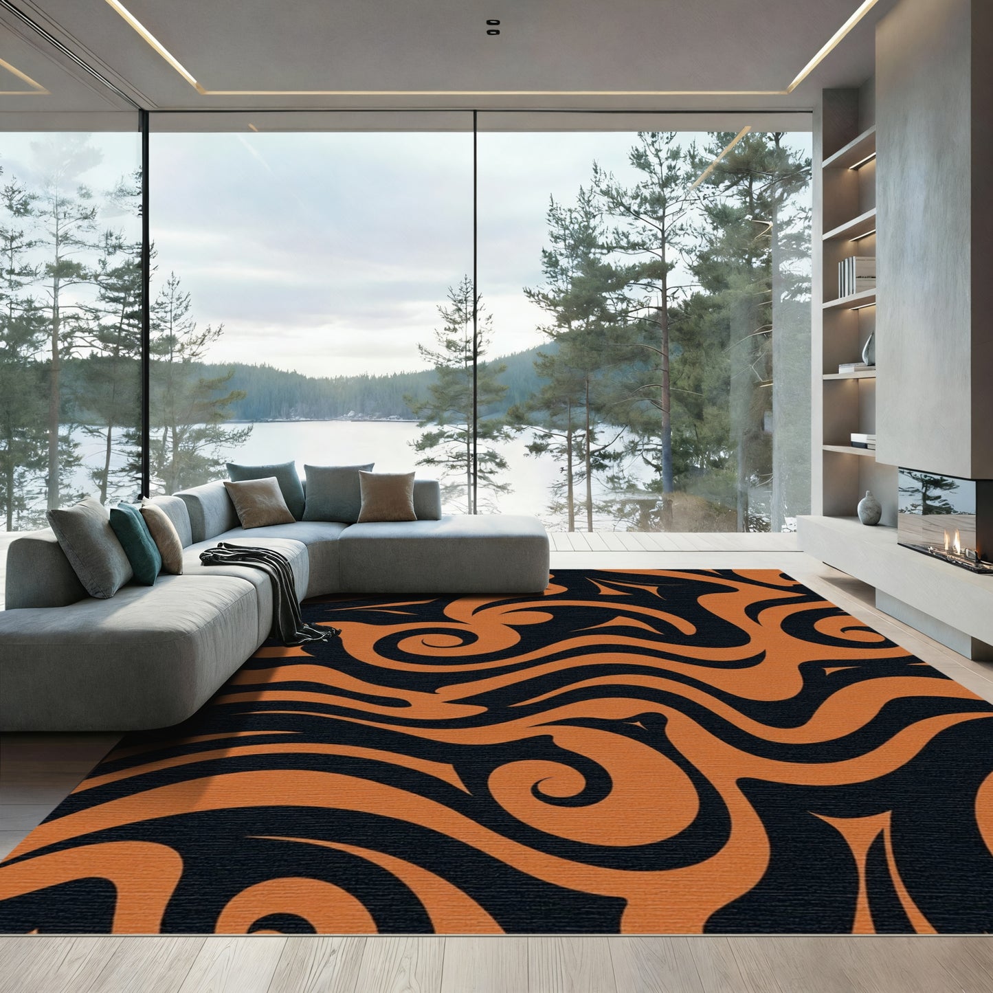 Bold Orange Swirls Black Abstract Rug