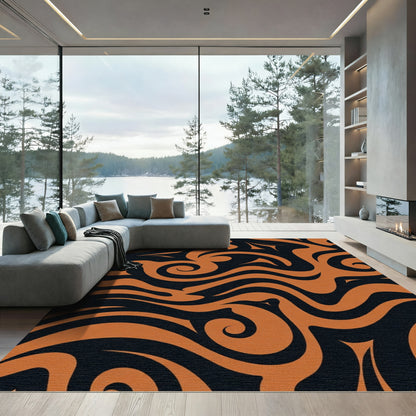 Bold Orange Swirls Black Abstract Rug